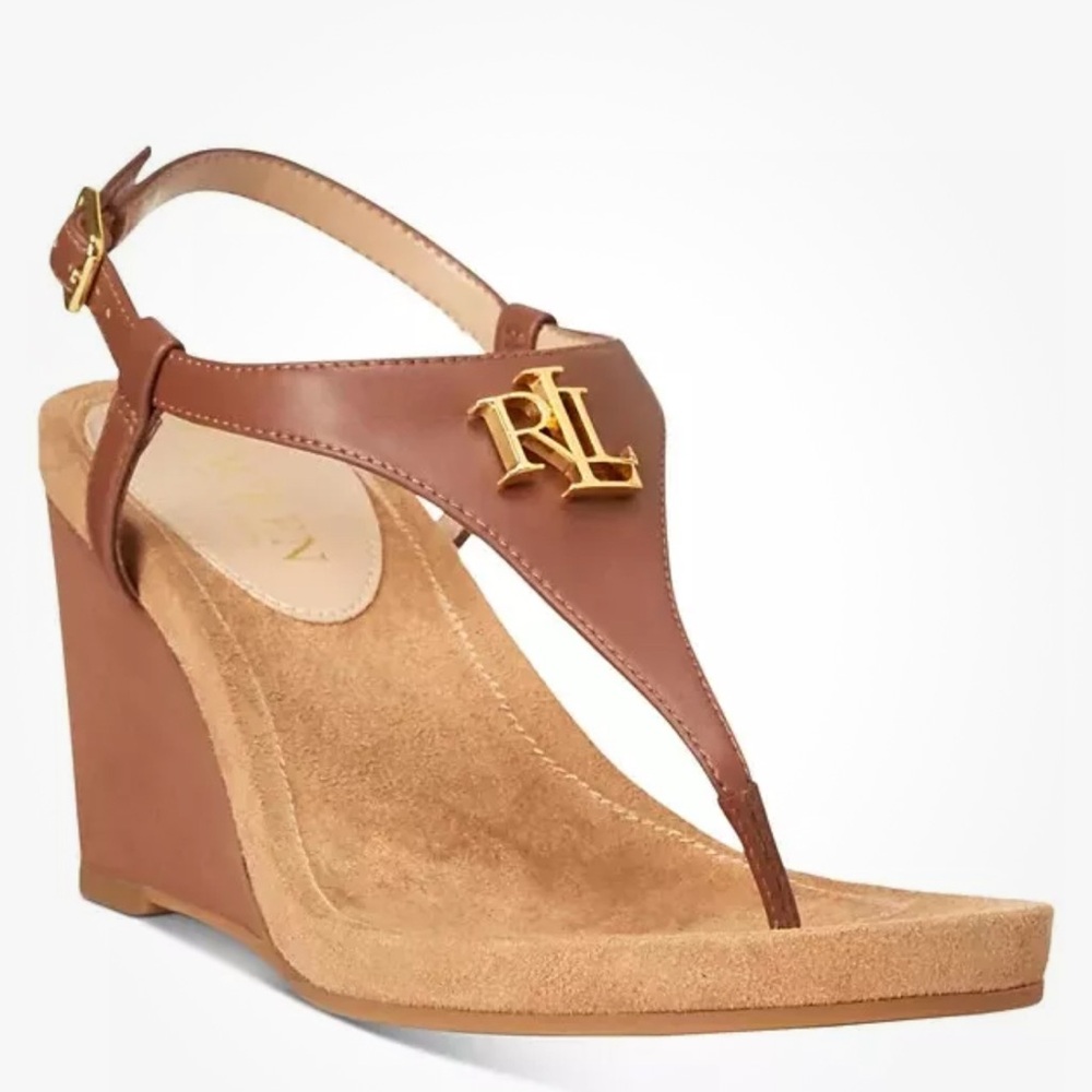 Ralph Lauren Jeannie Polo Thong Sandal Tan Womens  9.5 Wedge Platform with box
